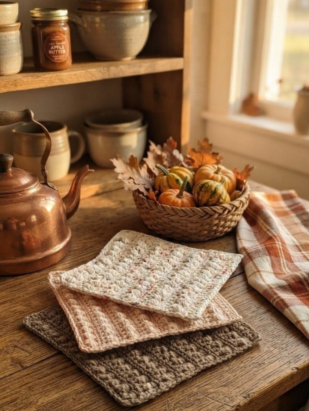 Handmade Cotton Textured Dishcloth Set of 3 Multicolor Fall Farmhouse Kitchen